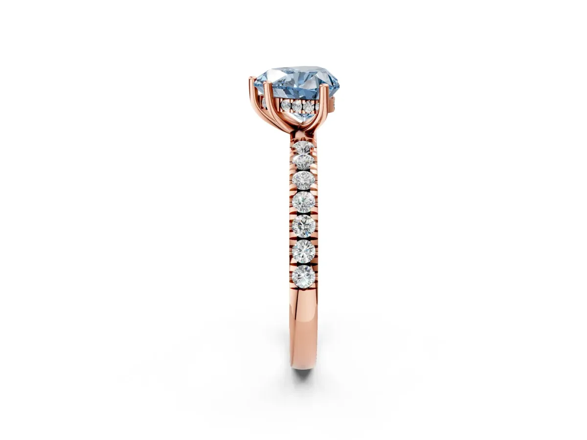 Fancy Blue Heart Cut Diamond Pave Band Solitaire Ring with Round and Prong Setting Rose gold