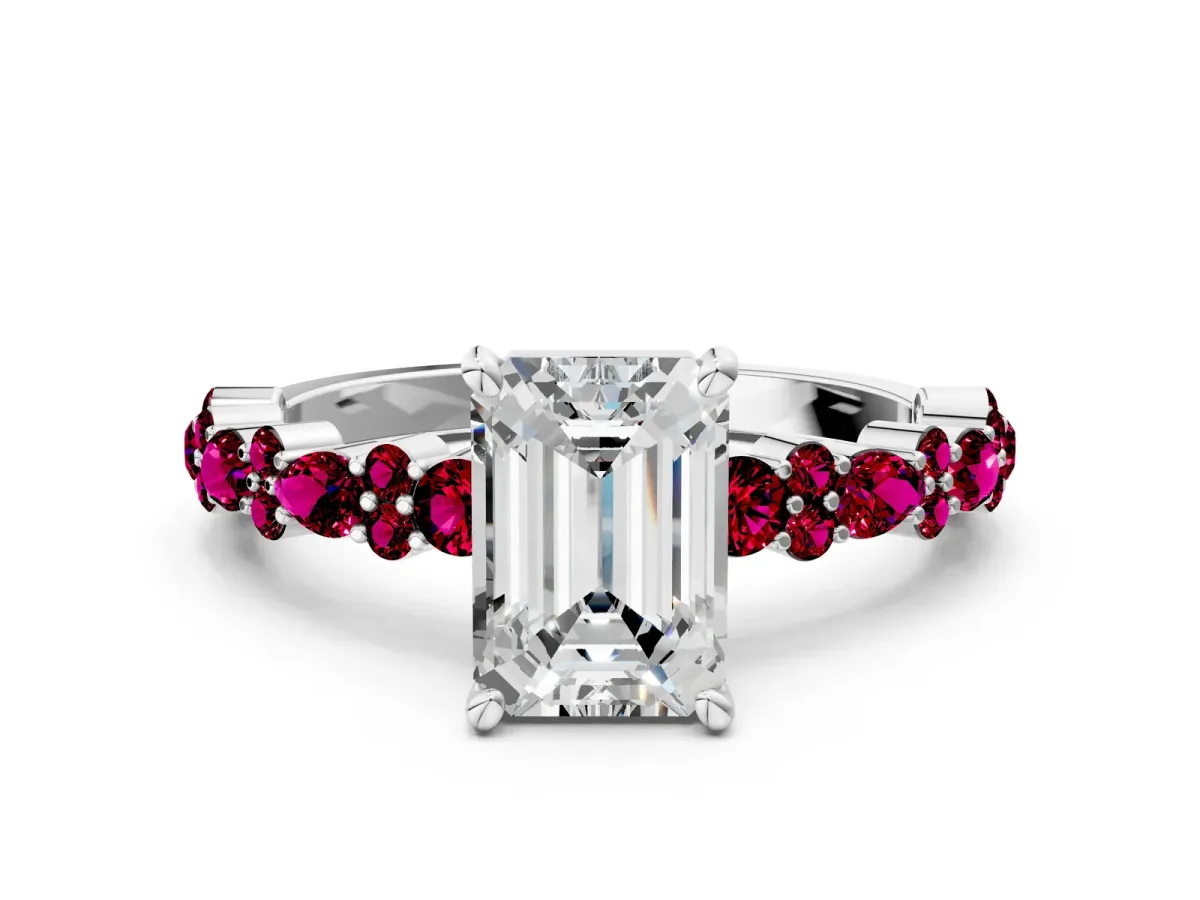 Emerald Cut Diamond Side Stone Solitaire Ring with Round Garnet and Four-Prong Setting Silver