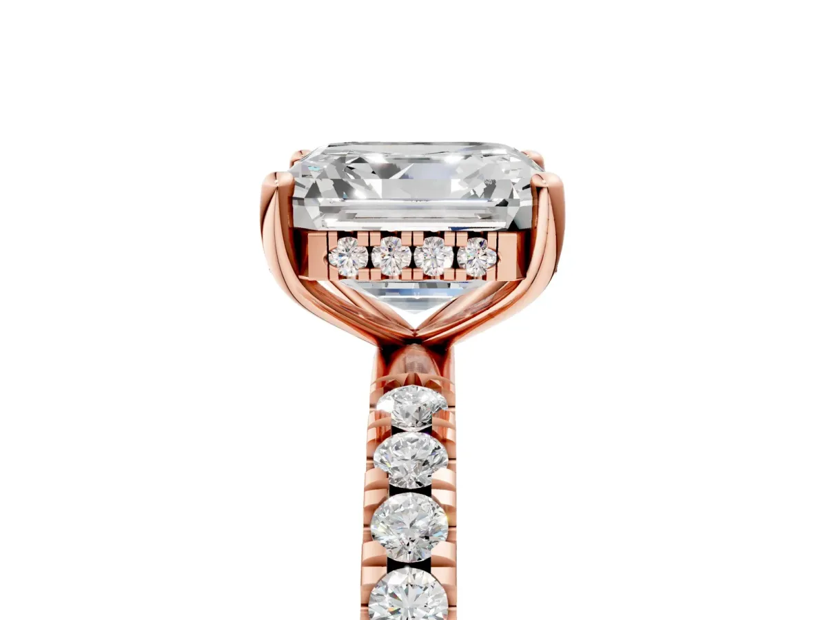 Asscher Cut Diamond Pave Band Solitaire Ring with Round Moissanite and Prong Setting Rose gold