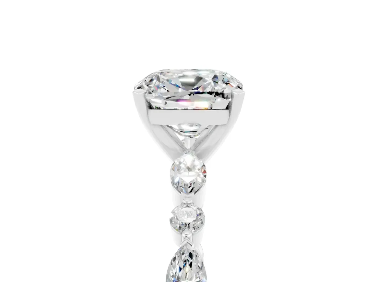Cushion Cut Moissanite Ring with Marquise and Round Side Stones and Four-Prong Setting Silver