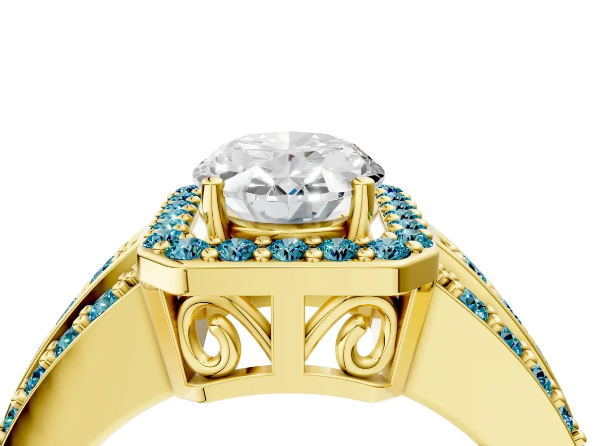 Oval Cut Halo Diamond Ring with Round Blue Topaz Split Shank and Prong Setting Yellow gold