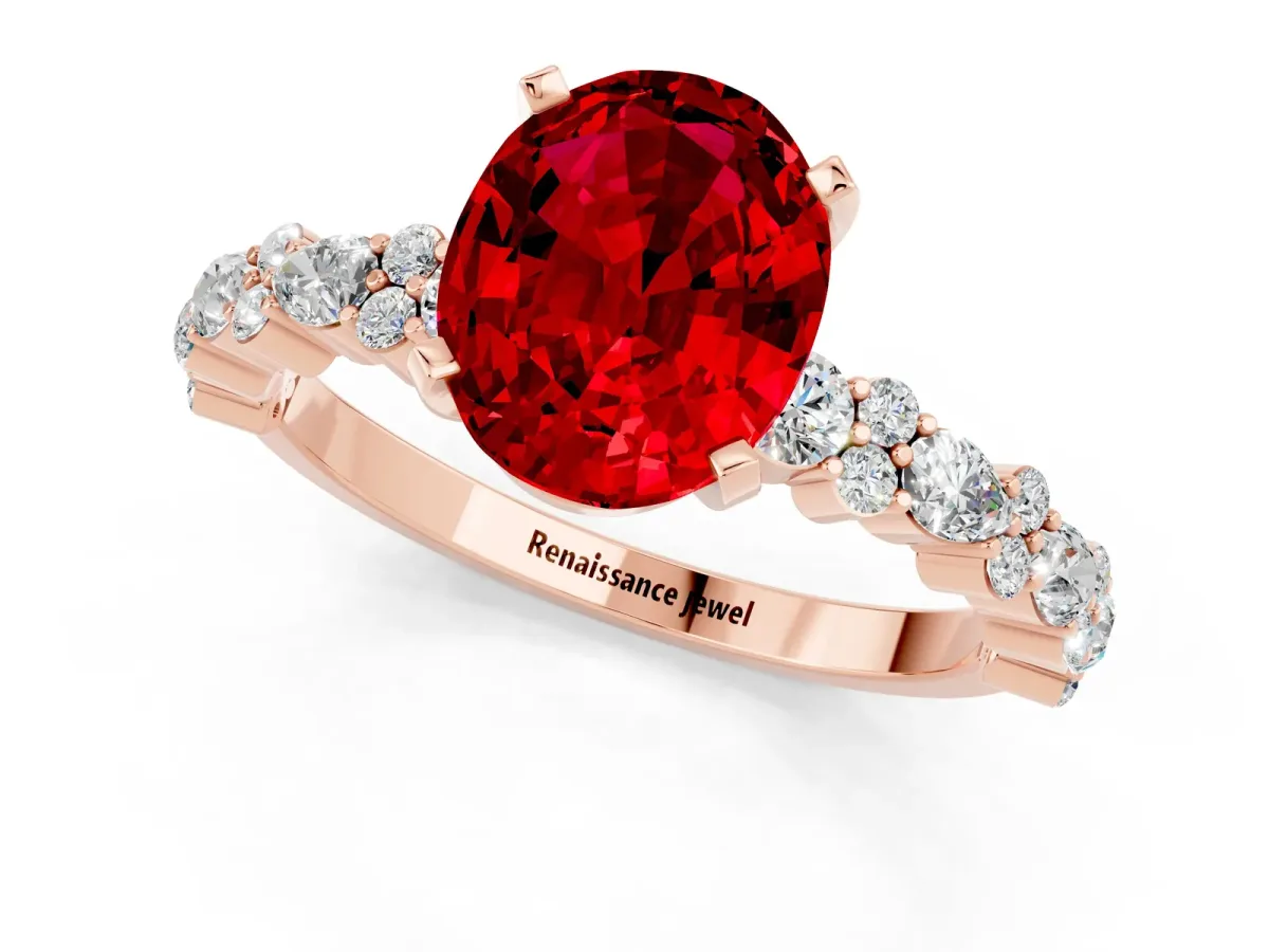 Oval Cut Ruby Side Stone Solitaire Ring with Round and Four-Prong Setting Rose gold