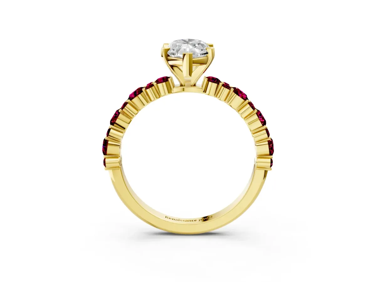 Marquise Cut Diamond Side Stone Solitaire Ring with Round Garnet and Four-Prong Setting Yellow gold