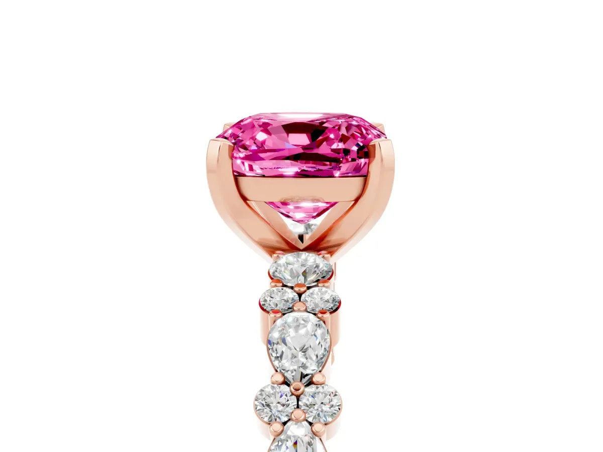 Cushion Cut Pink Sapphire Side Stone Solitaire Ring with Round and Four-Prong Setting Rose gold