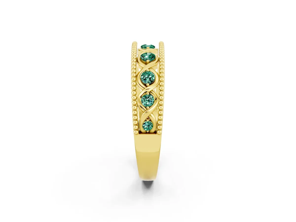 Round Green Sapphire Twist Milgrain Band with Bezel Setting Yellow gold