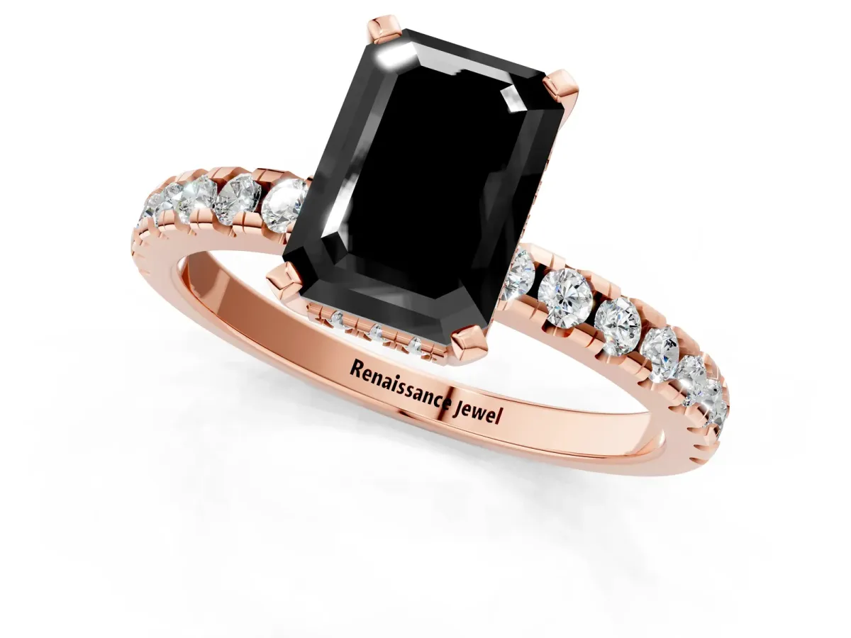 Fancy Black Emerald Cut Diamond Solitaire Ring with Round Pavé Band and Four-Prong Setting Rose gold