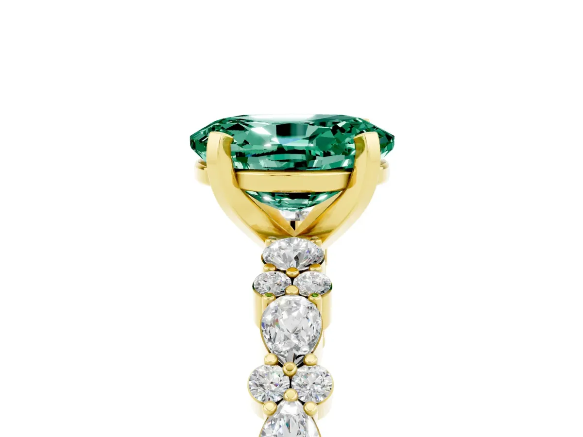 Oval Cut Green Sapphire Side Stone Solitaire Ring with Round and Four-Prong Setting Yellow gold