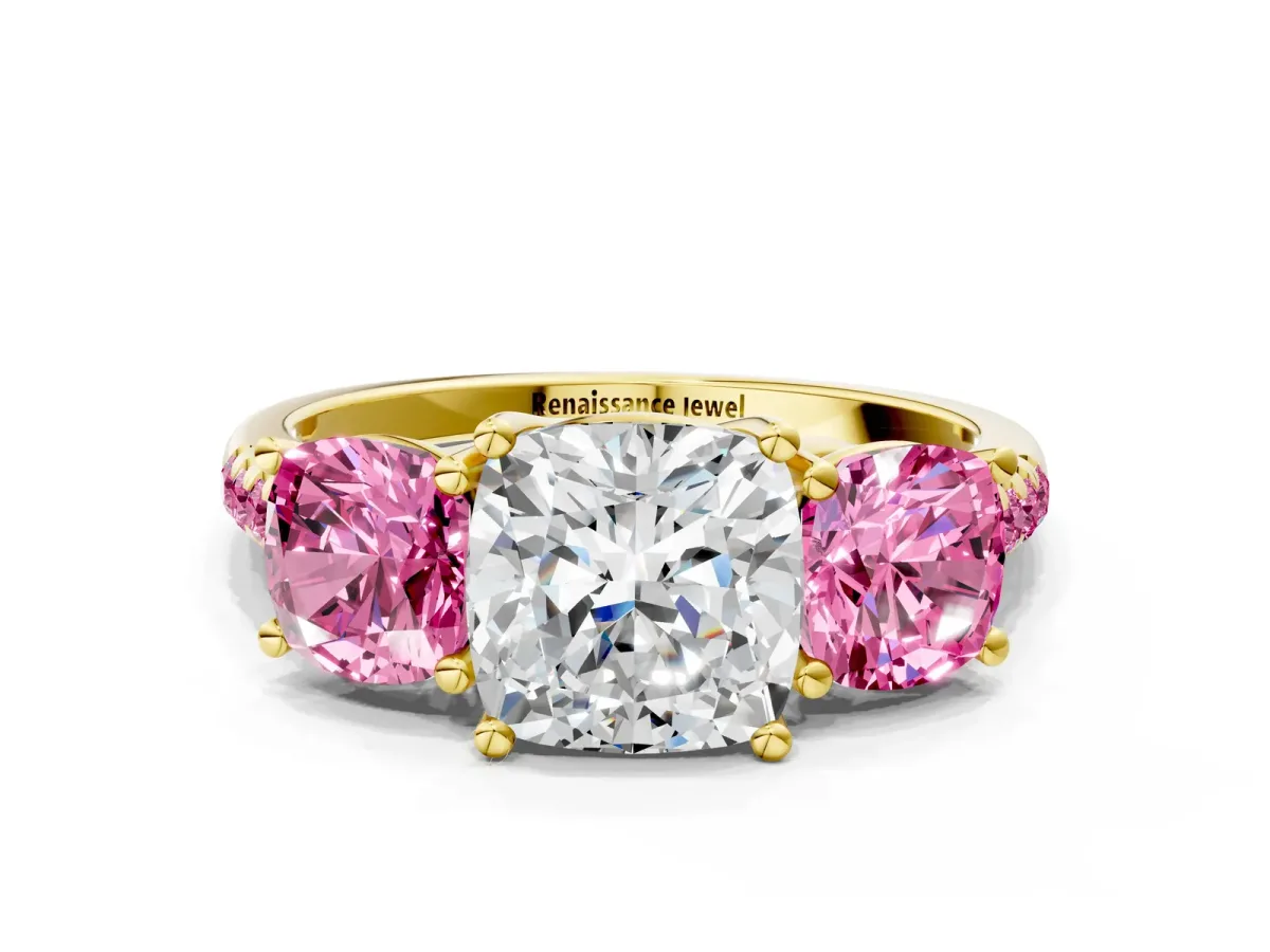 Three-Stone Cushion Cut Diamond Ring with Round Pink Sapphire Pavé Band and Prong Setting Yellow gold