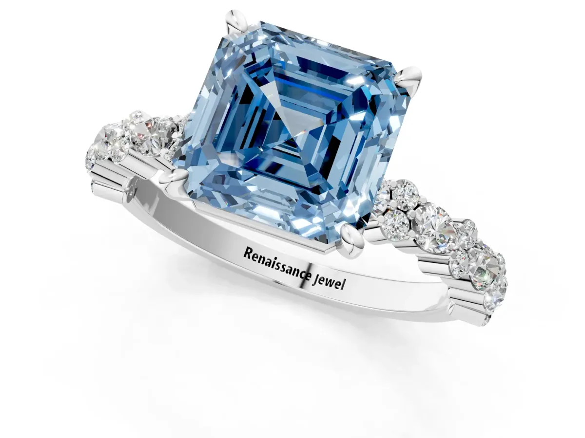 Fancy Blue Asscher Cut Diamond Side Stone Solitaire Ring with Round and Four-Prong Setting Platinum