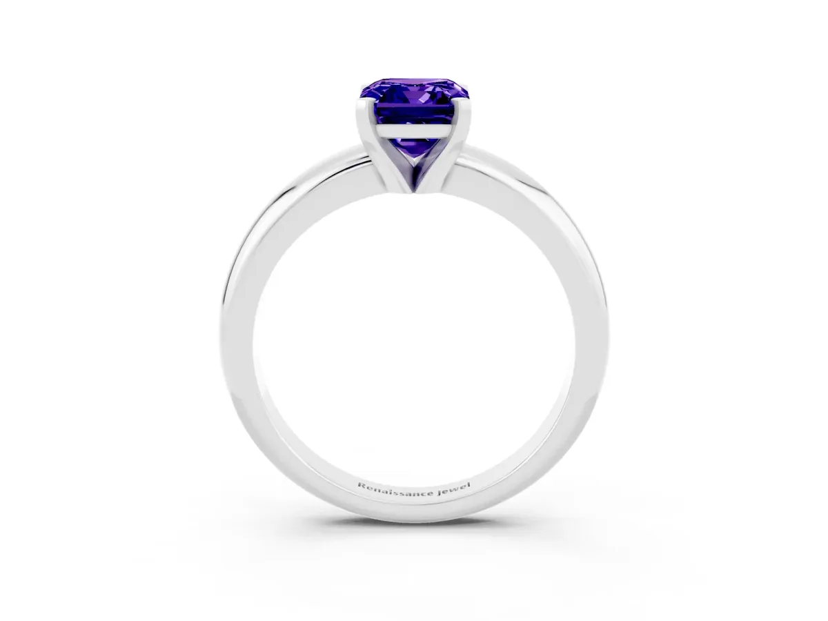 Emerald Cut Tanzanite Solitaire Engagement Ring with Round Band and Four-Prong Setting Silver