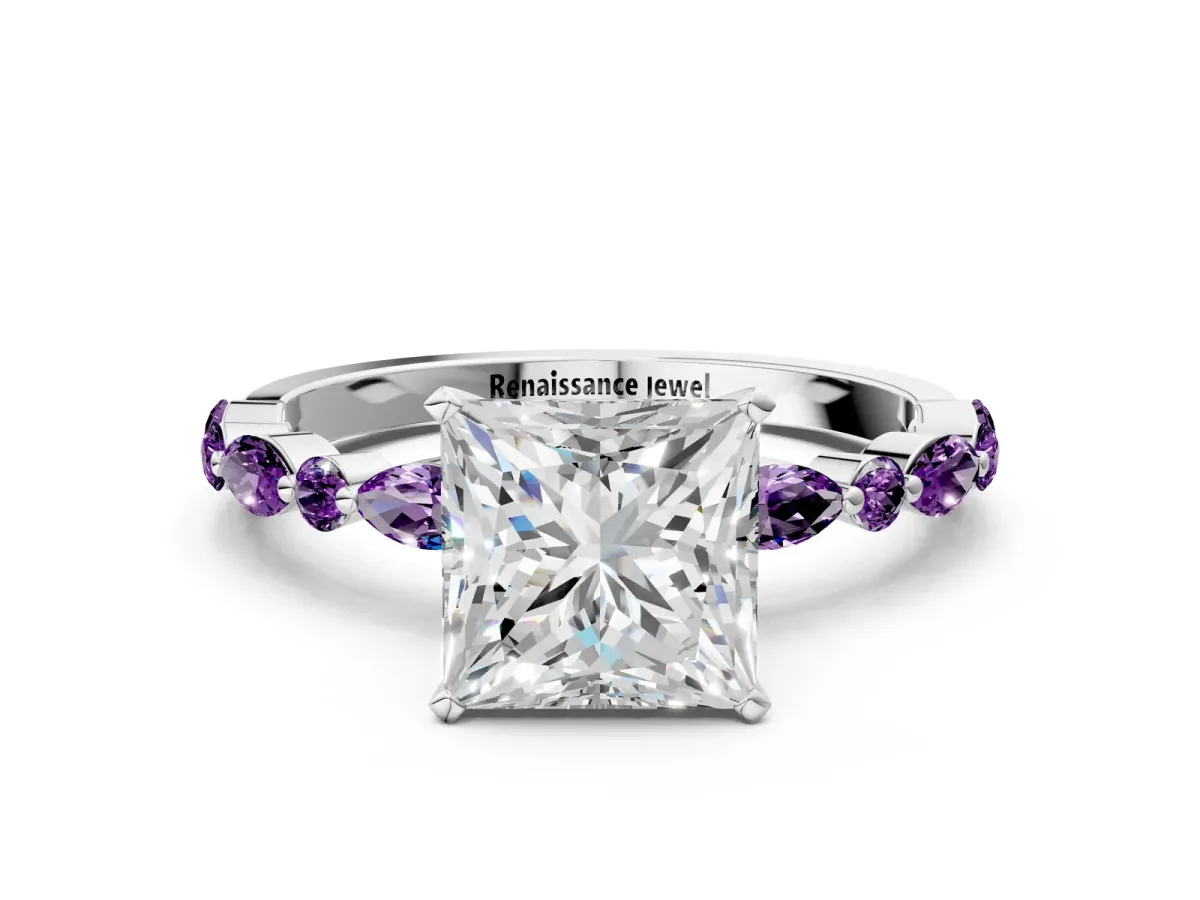 Princess Cut Diamond Ring with Marquise and Round Amethyst Side Stones and Four-Prong Setting Silver