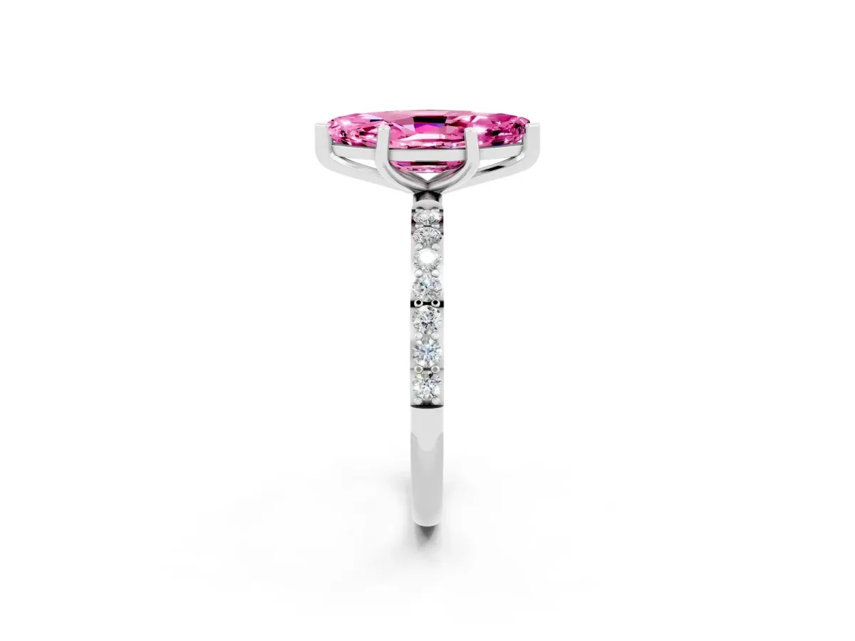 Marquise Cut Pink Sapphire Solitaire Ring with Round Pavé Band and Prong Setting Platinum