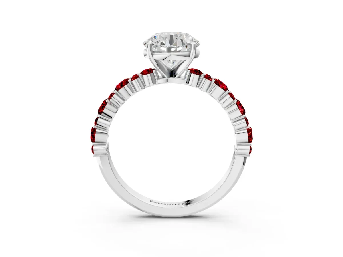 Round Cut Diamond Side Stone Solitaire Ring with Round Ruby and Four-Prong Setting Platinum