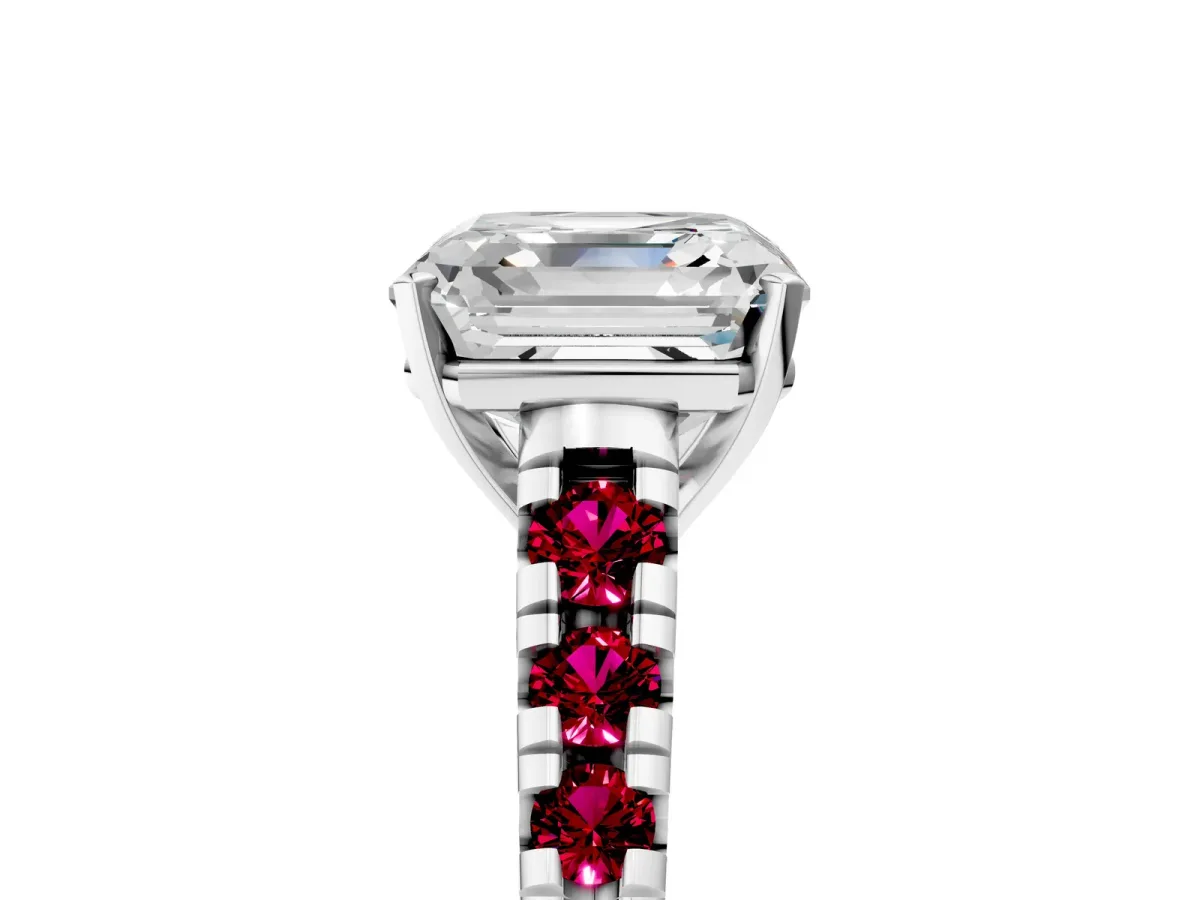 Asscher Cut Diamond Cathedral Solitaire Ring with Round Garnet Pavé Band Platinum