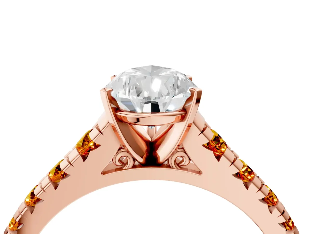 Pear Cut Diamond Cathedral Solitaire Ring with Round Citrine Pavé Band Rose gold