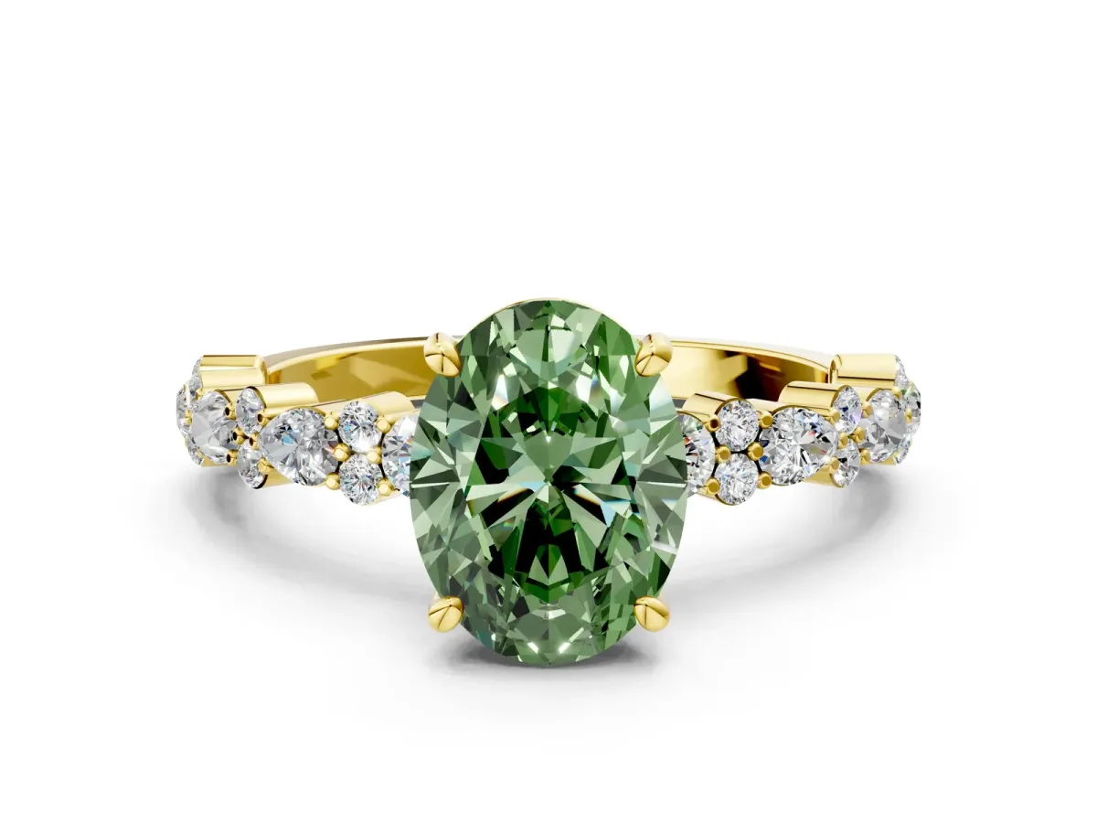 Fancy Green Oval Cut Diamond Side Stone Solitaire Ring with Round and Four-Prong Setting Yellow gold