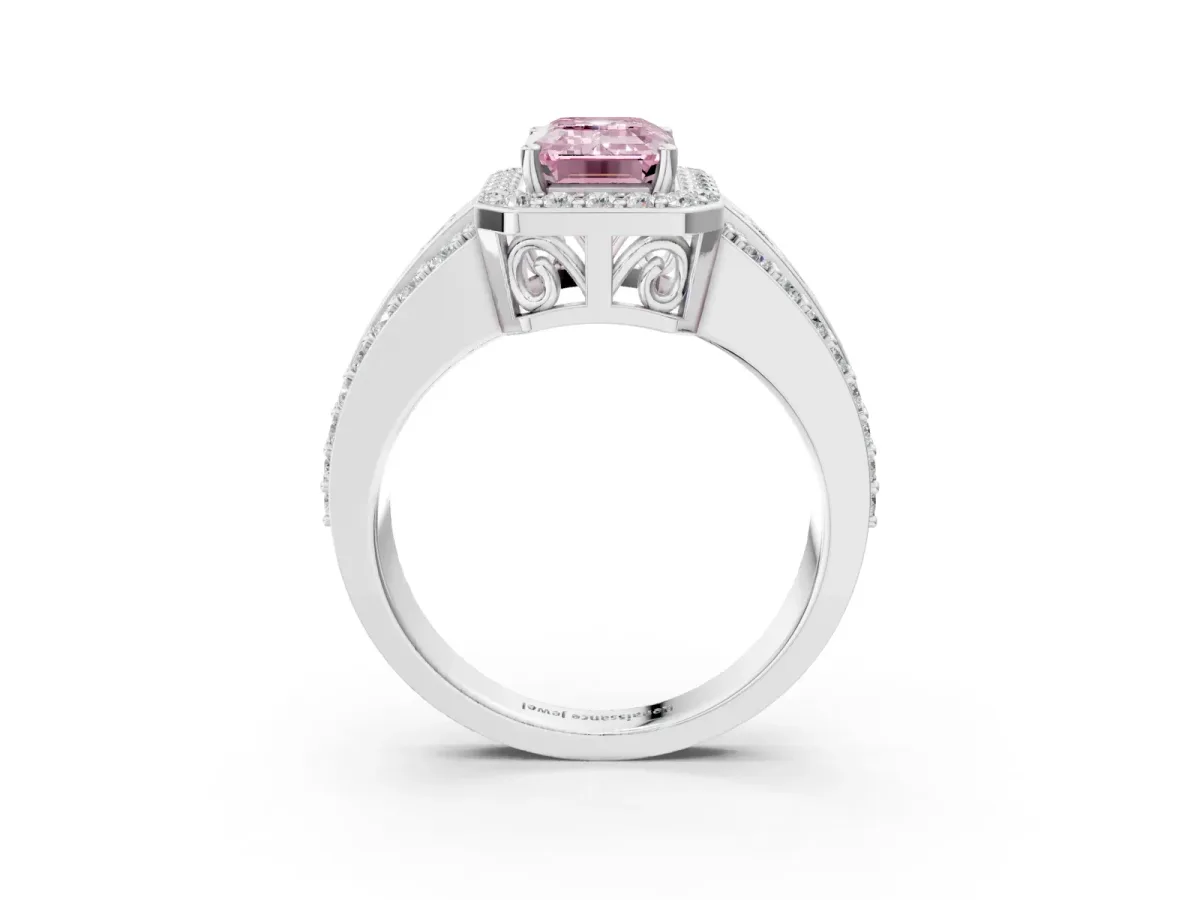 Fancy Pink Emerald Cut Halo Diamond Ring with Round Split Shank and Prong Setting Silver