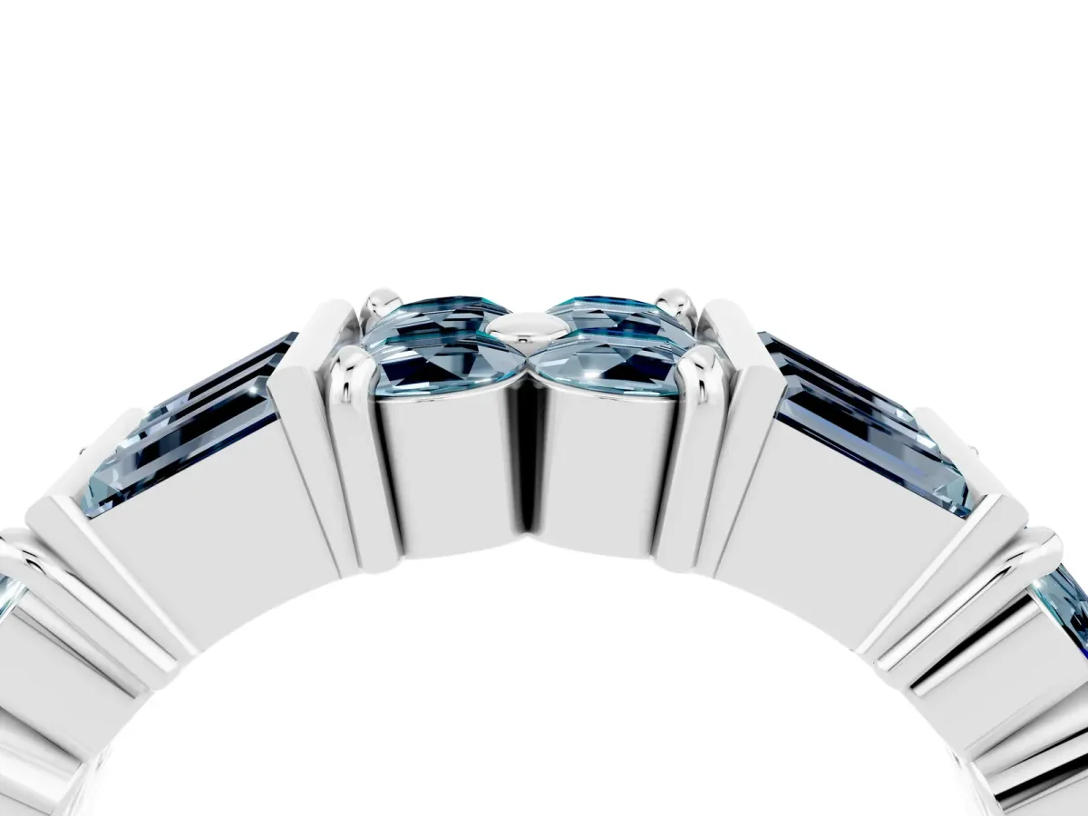Channel Set Round and Baguette Aquamarine Anniversary Band with Prong Setting Silver