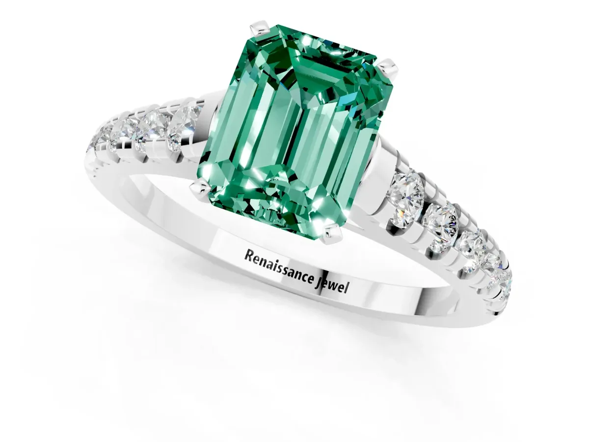 Emerald Cut Green Sapphire Cathedral Solitaire Ring with Round Pavé Band Silver