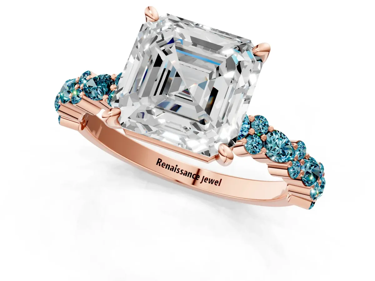 Asscher Cut Diamond Side Stone Solitaire Ring with Round Blue Topaz and Four-Prong Setting Rose gold