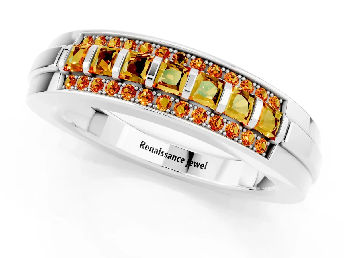 Bar-Set Princess Cut Citrine Pavé Band White gold