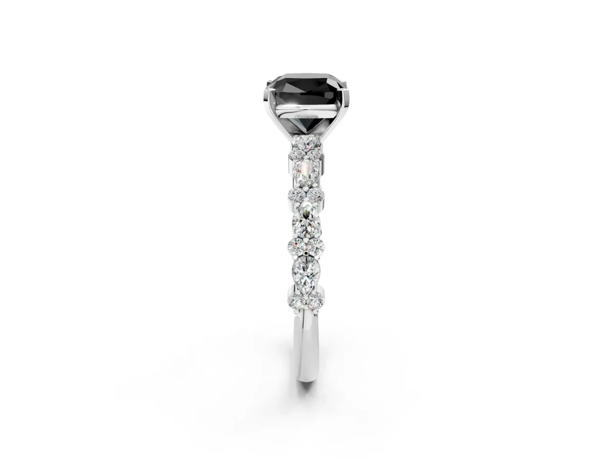 Fancy Black Cushion Cut Diamond Side Stone Solitaire Ring with Round and Four-Prong Setting Platinum