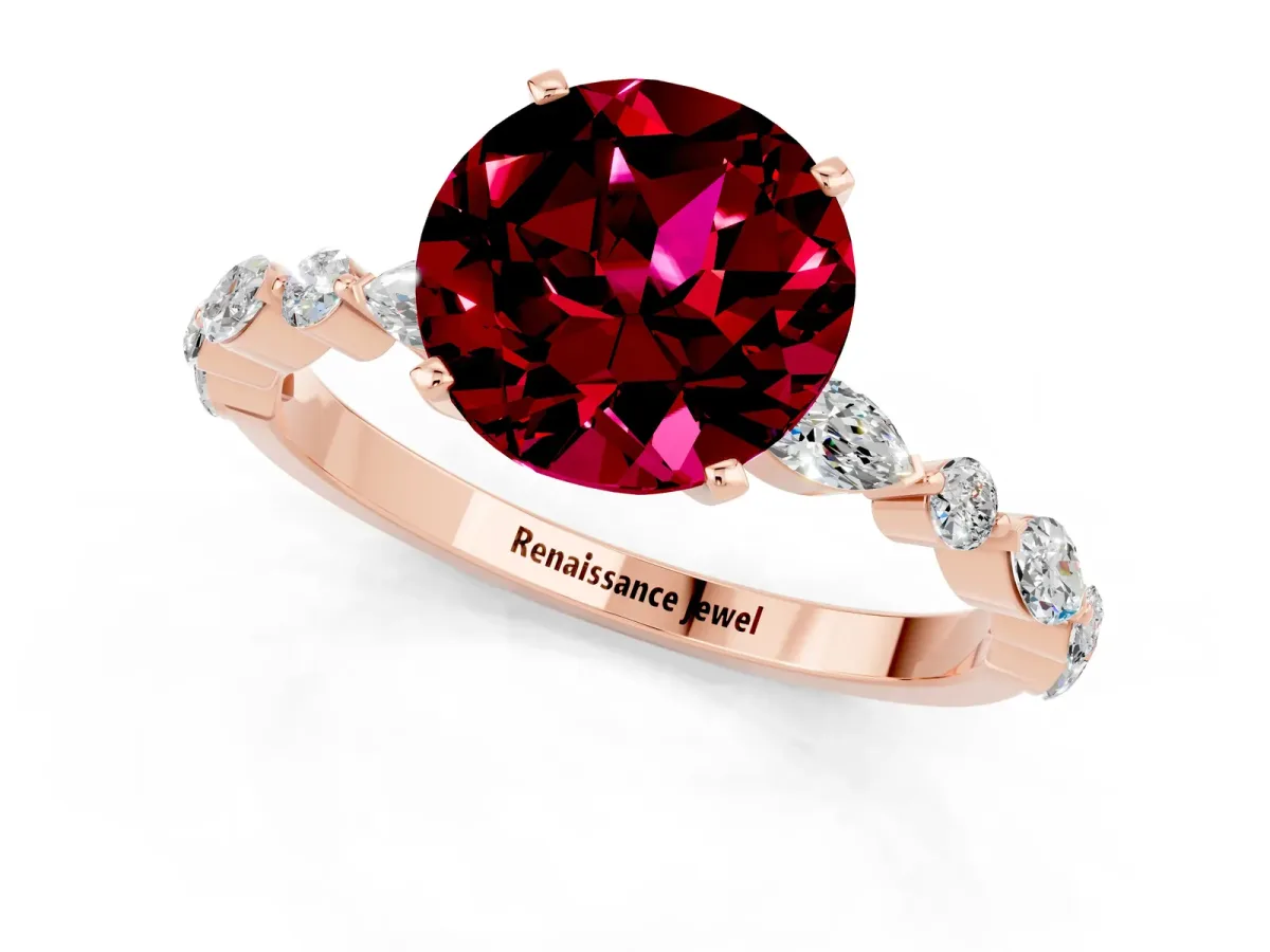 Round Cut Garnet Ring with Marquise and Round Side Stones and Four-Prong Setting Rose gold