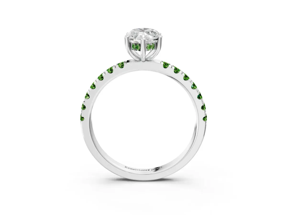 Marquise Cut Diamond Pave Band Solitaire Ring with Round Peridot and Prong Setting White gold