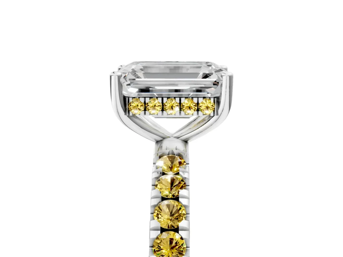 Emerald Cut Diamond Pave Band Solitaire Ring with Round Yellow Sapphire and Prong Setting Platinum