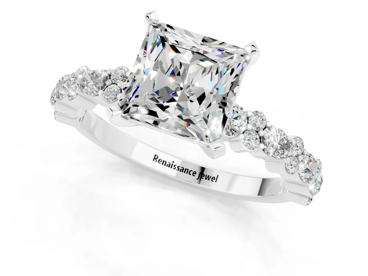 Princess Cut Moissanite Side Stone Solitaire Ring with Round and Four-Prong Setting Silver