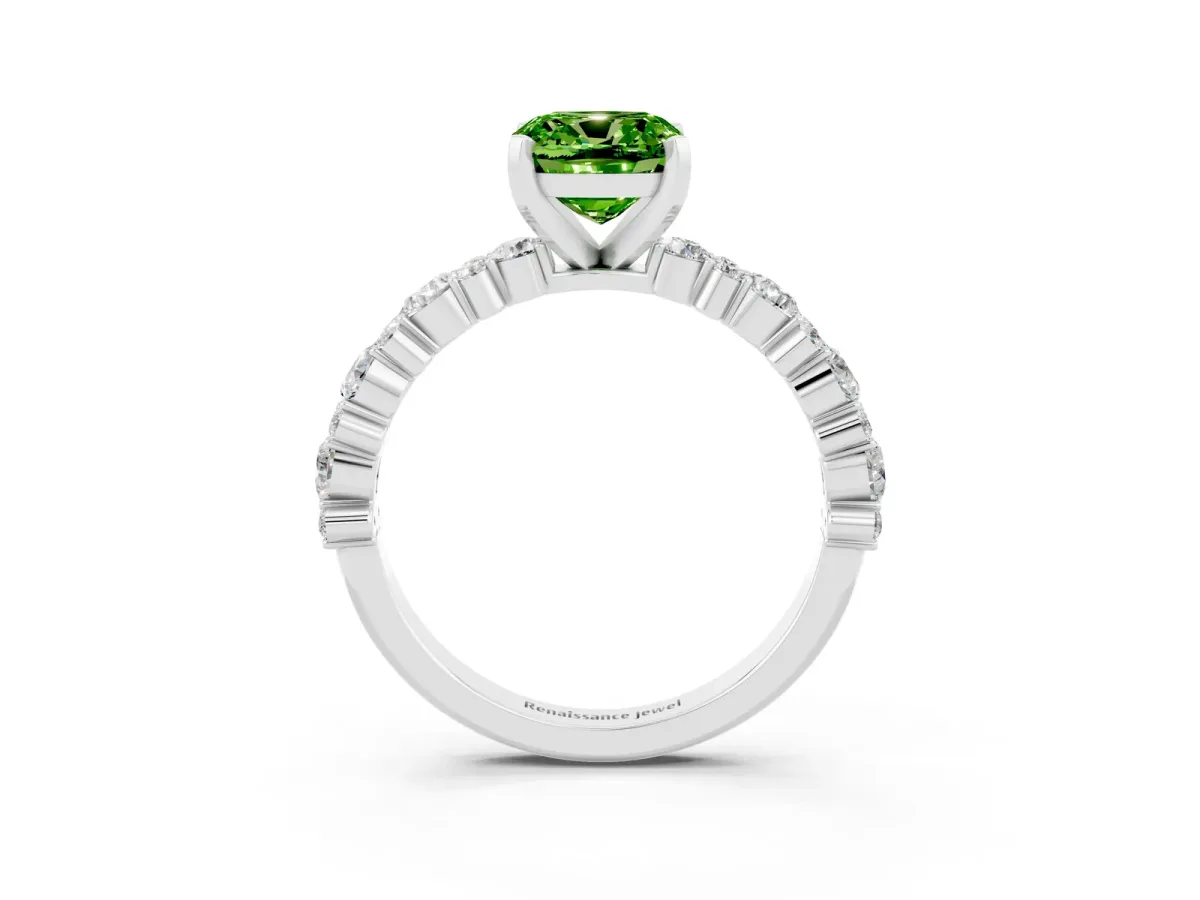 Cushion Cut Peridot Side Stone Solitaire Ring with Round and Four-Prong Setting Silver