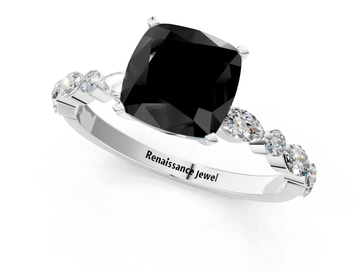 Fancy Black Cushion Cut Diamond Ring with Marquise and Round Side Stones and Four-Prong Setting Silver