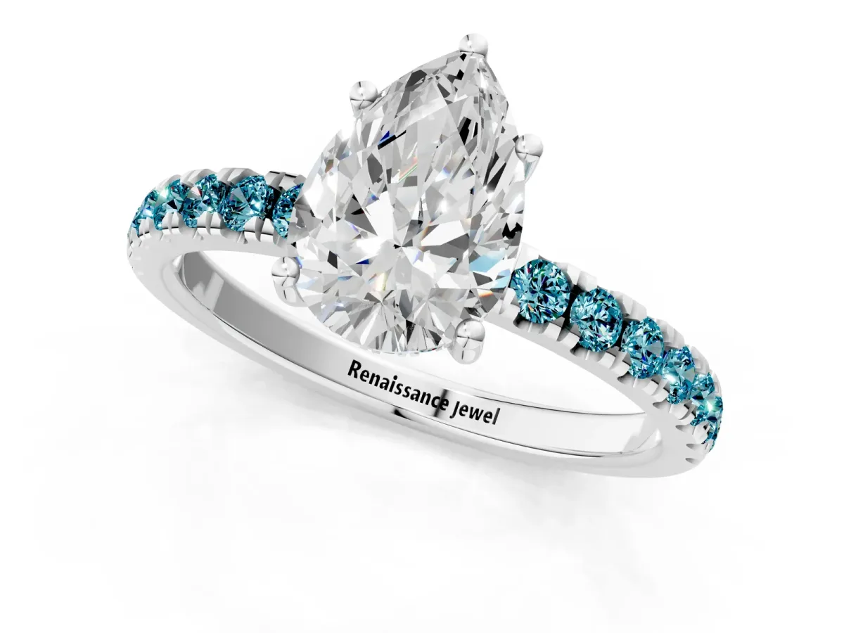 Pear Cut Diamond Pave Band Solitaire Ring with Round Blue Topaz and Prong Setting Platinum