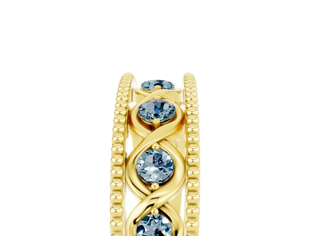 Round Aquamarine Twist Milgrain Band with Bezel Setting Yellow gold