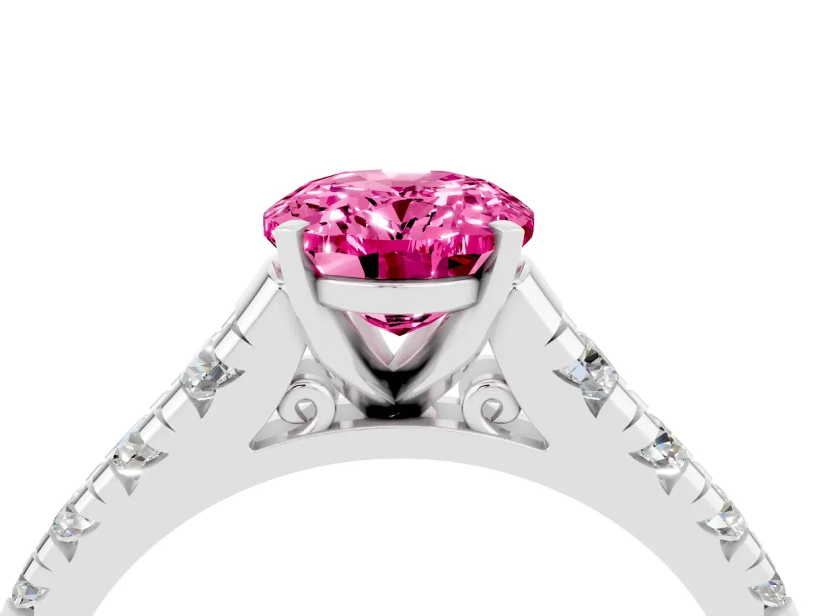 Oval Cut Pink Sapphire Cathedral Solitaire Ring with Round Pavé Band Silver
