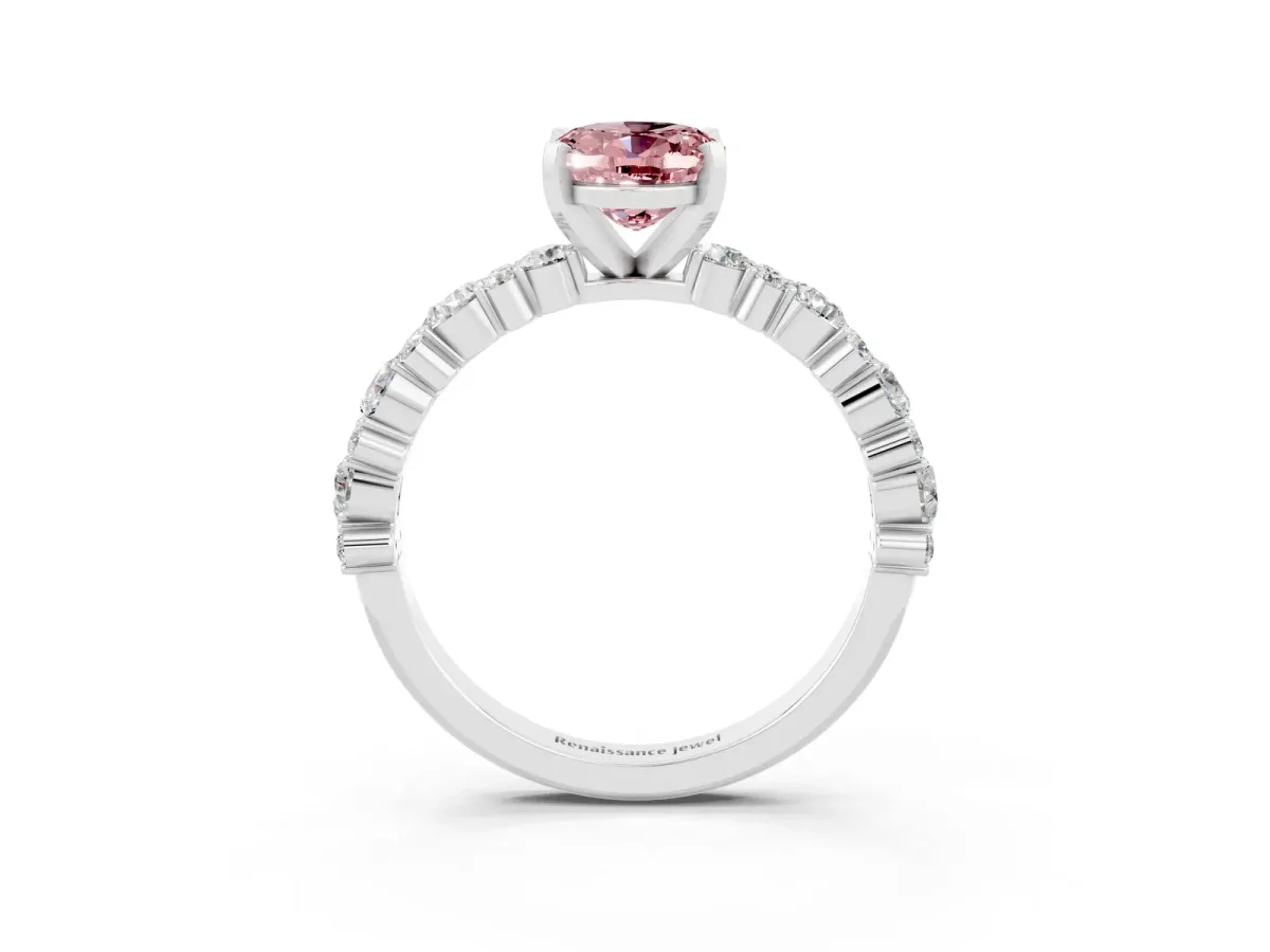 Oval Cut Morganite Side Stone Solitaire Ring with Round and Four-Prong Setting Silver