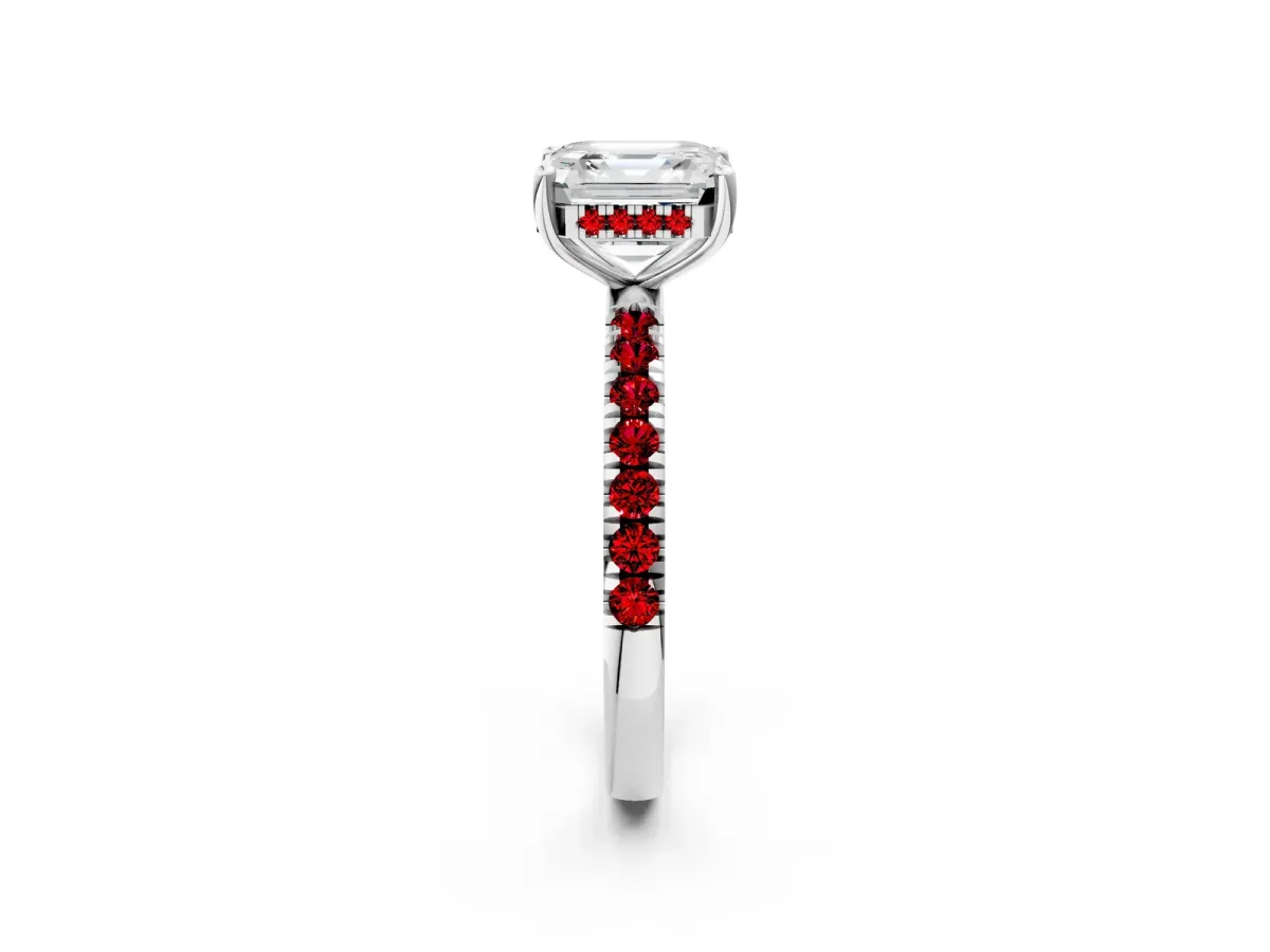 Asscher Cut Diamond Pave Band Solitaire Ring with Round Ruby and Prong Setting Platinum