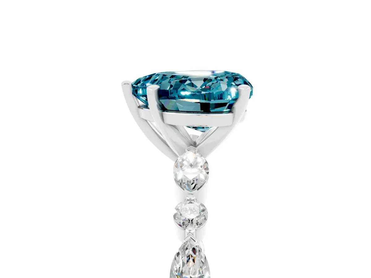 Heart Cut Blue Topaz Ring with Marquise and Round Side Stones and Four-Prong Setting Silver