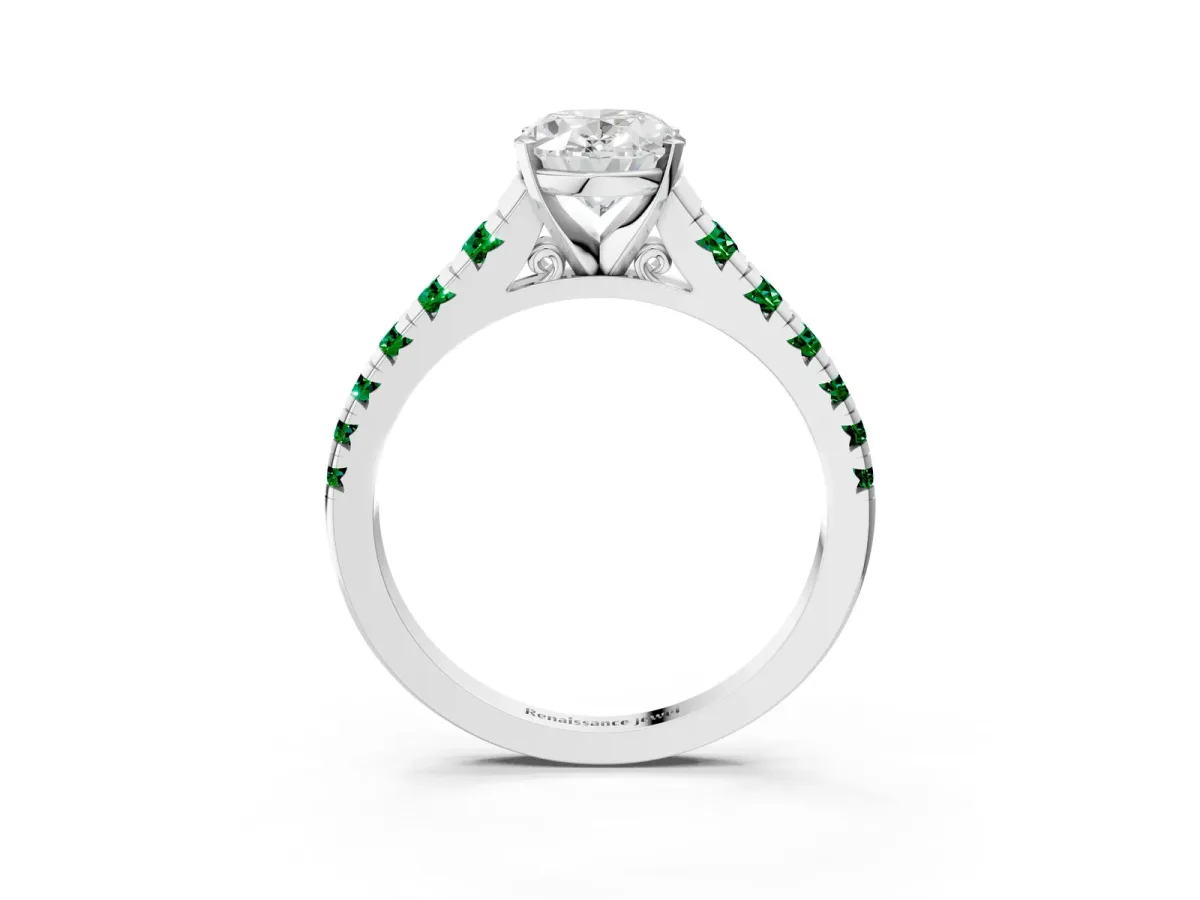 Oval Cut Diamond Cathedral Solitaire Ring with Round Emerald Pavé Band White gold