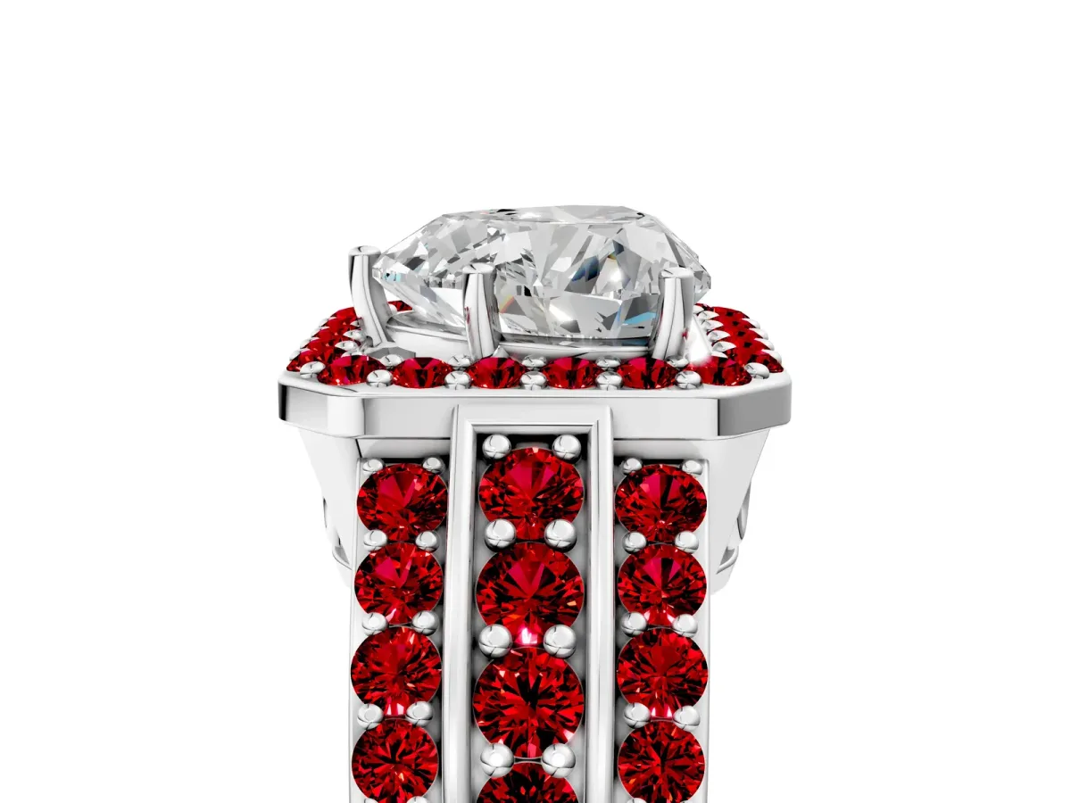 Heart Cut Halo Diamond Ring with Round Ruby Split Shank and Prong Setting Silver