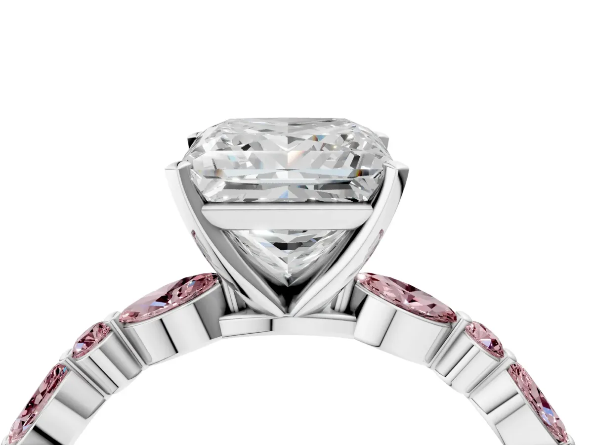 Princess Cut Diamond Ring with Marquise and Round Morganite Side Stones and Four-Prong Setting Silver