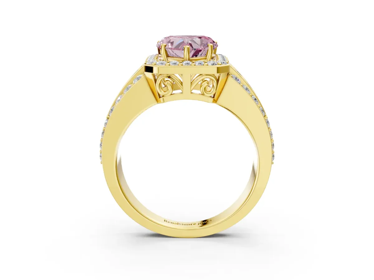 Fancy Pink Heart Cut Halo Diamond Ring with Round Split Shank and Prong Setting Yellow gold
