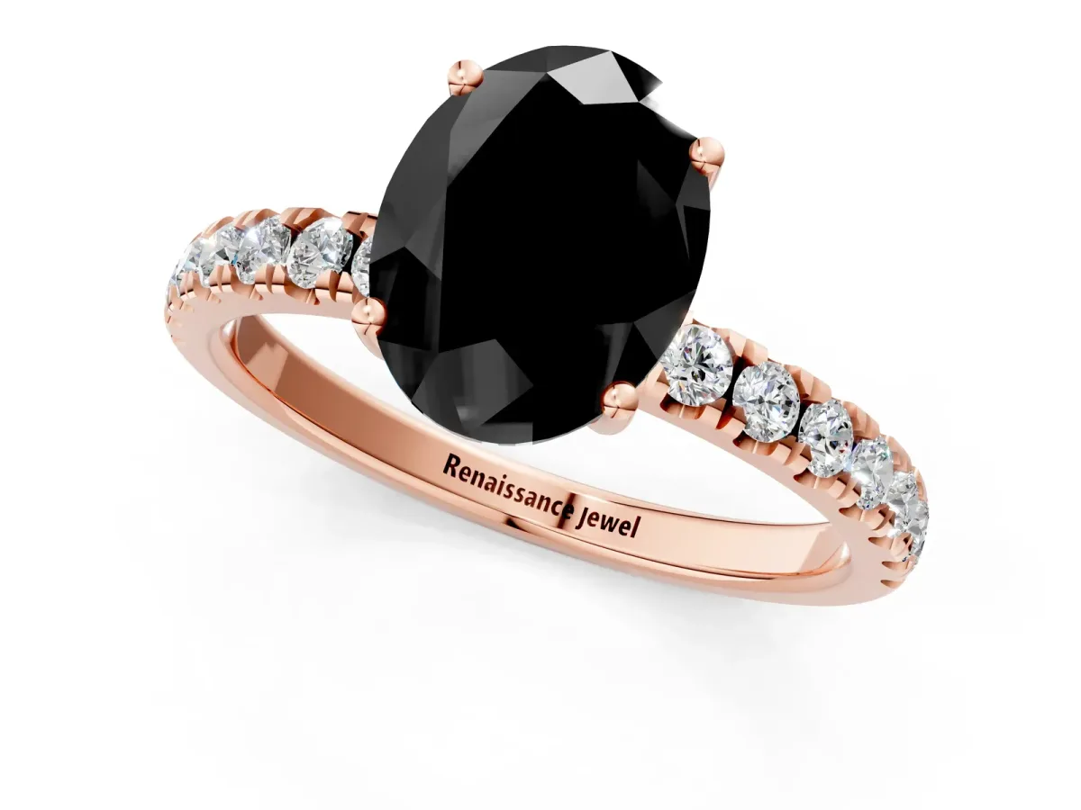 Fancy Black Oval Cut Diamond Pave Band Solitaire Ring with Round and Prong Setting Rose gold