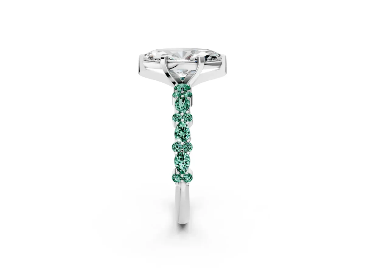 Marquise Cut Diamond Side Stone Solitaire Ring with Round Green Sapphire and Four-Prong Setting Platinum
