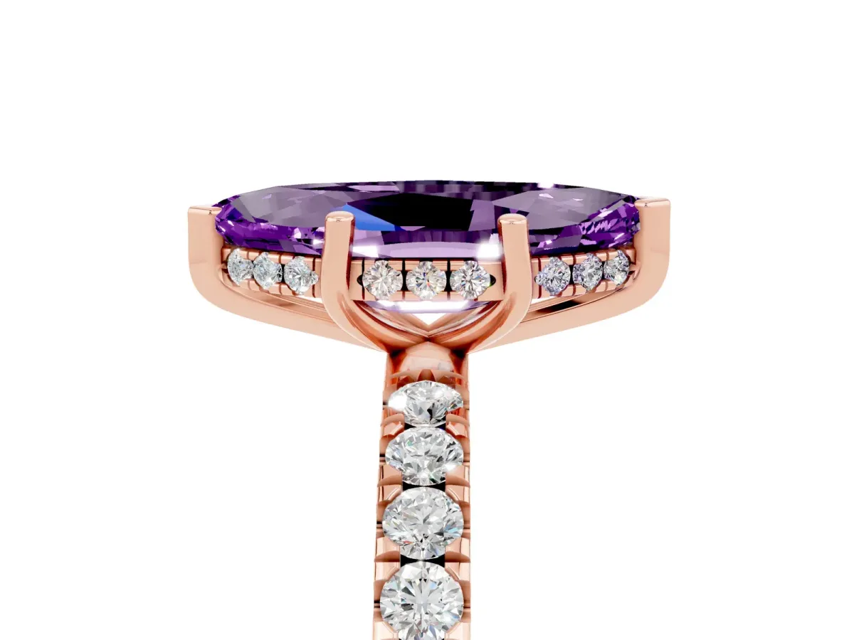 Marquise Cut Amethyst Pave Band Solitaire Ring with Round and Prong Setting Rose gold