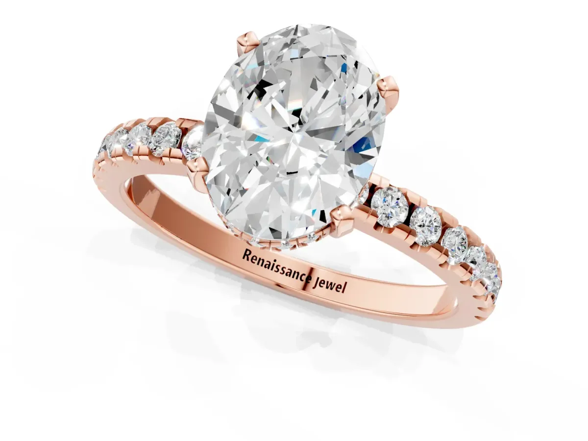 Oval Cut Diamond Solitaire Ring with Round Moissanite Pavé Band and Four-Prong Setting Rose gold