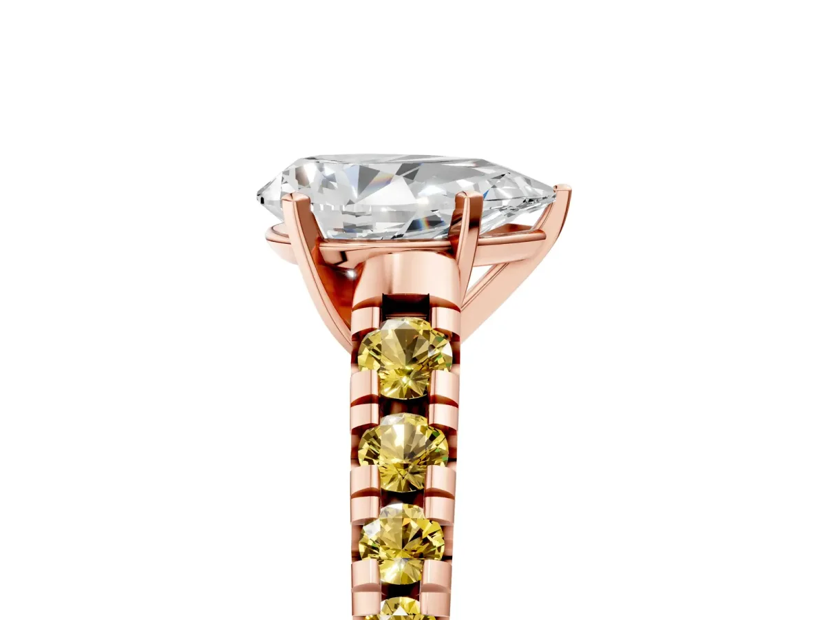 Pear Cut Diamond Cathedral Solitaire Ring with Round Yellow Sapphire Pavé Band Rose gold