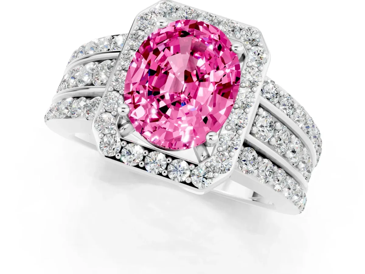 Oval Cut Halo Pink Sapphire Ring with Round Split Shank and Prong Setting Platinum