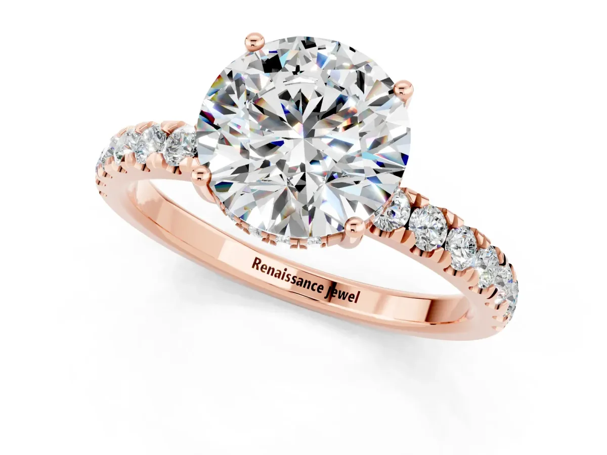 Round Cut Moissanite Pave Band Solitaire Ring with Round and Prong Setting Rose gold