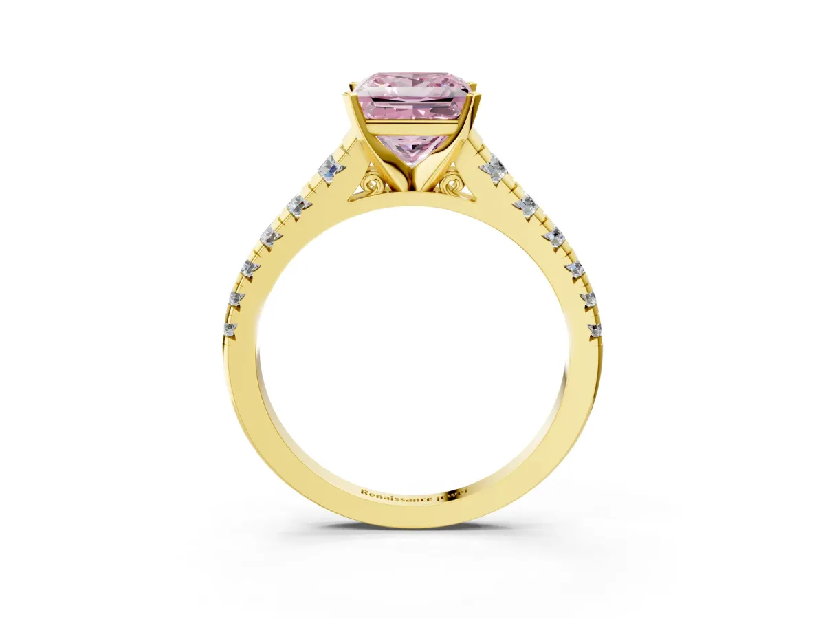 Fancy Pink Princess Cut Diamond Cathedral Solitaire Ring with Round Pavé Band Yellow gold